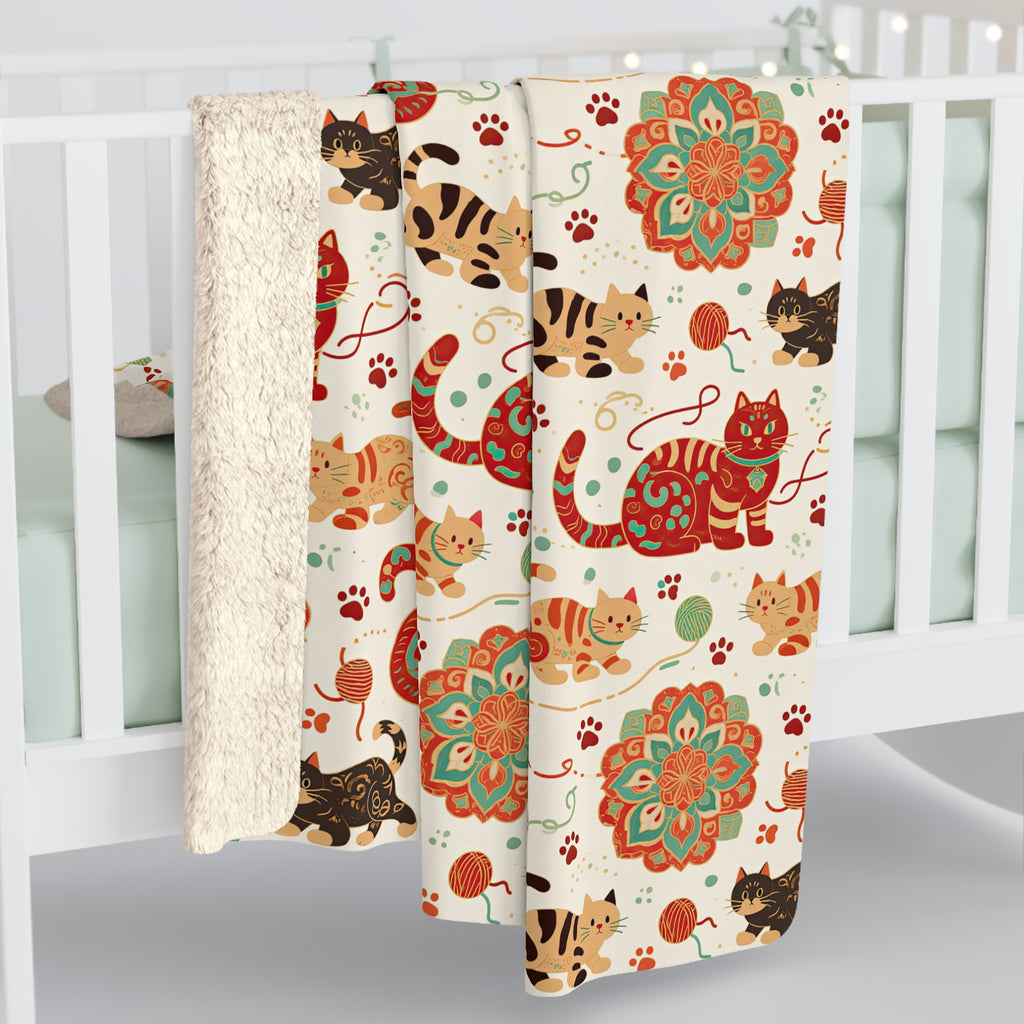 Sherpa Blanket - Vibrant boho chic cats and mandalas, colorful folk art style, playful felines with yarn and paw prints, artistic and bohemian cat design, cream background, unique animal print
