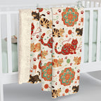 Sherpa Blanket - Vibrant boho chic cats and mandalas, colorful folk art style, playful felines with yarn and paw prints, artistic and bohemian cat design, cream background, unique animal print