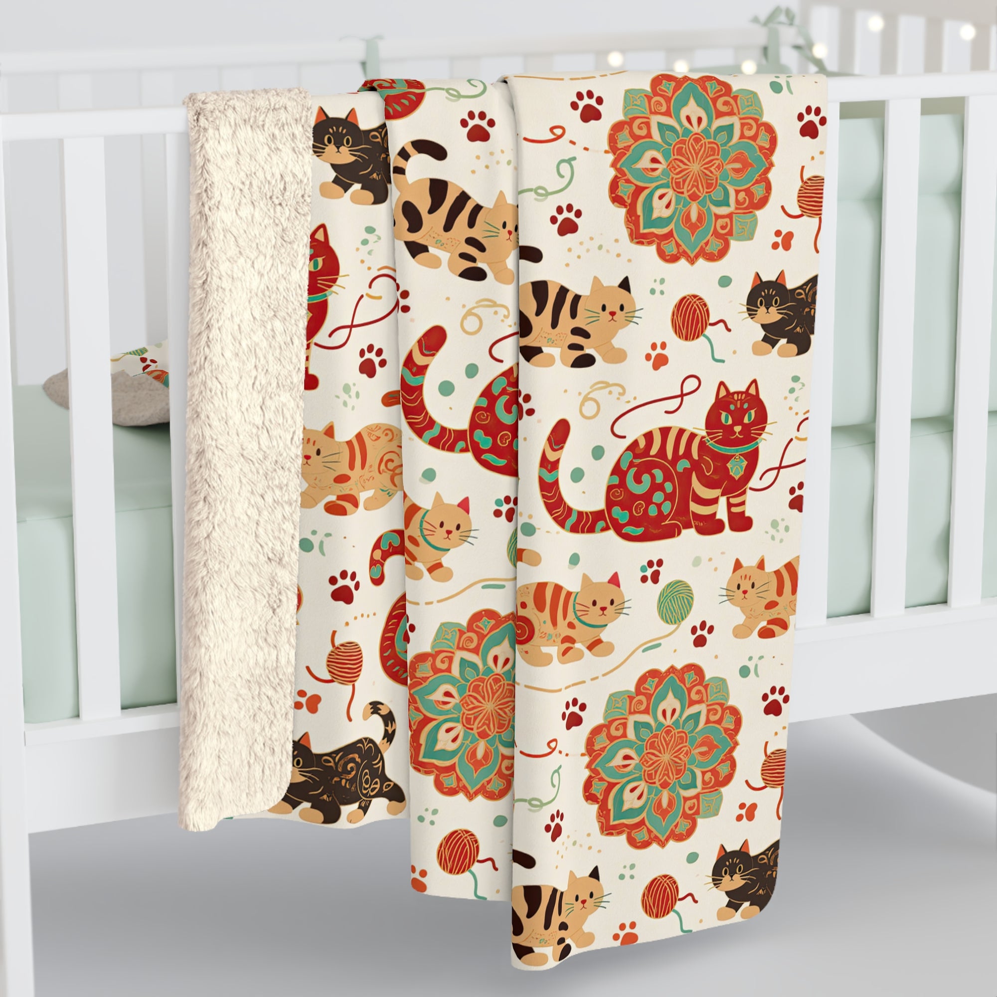 Sherpa Blanket - Vibrant boho chic cats and mandalas, colorful folk art style, playful felines with yarn and paw prints, artistic and bohemian cat design, cream background, unique animal print