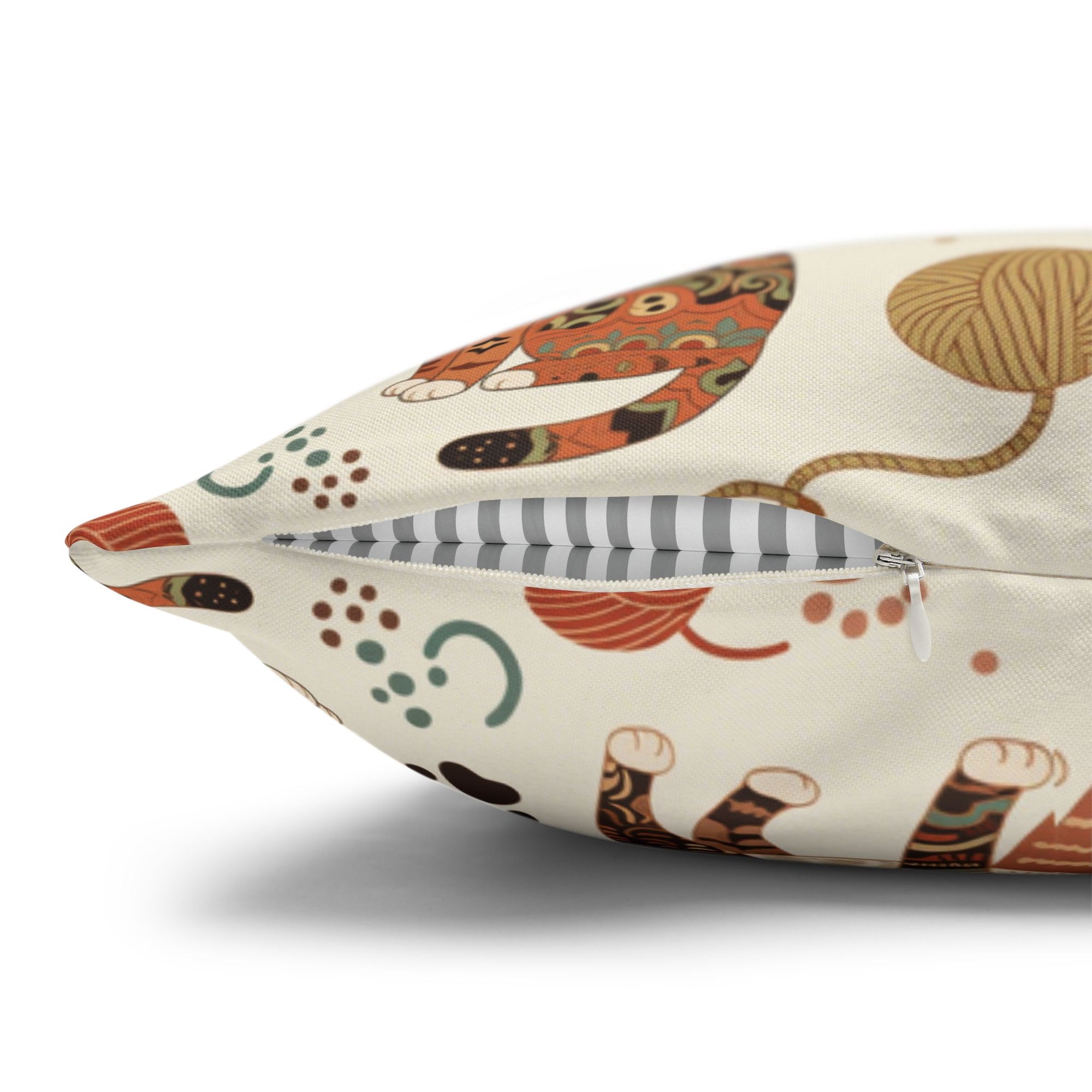 Square Pillowcase - Artistic patterned cats in warm earth tones, unique tribal and folk art designs, playful felines with yarn and paw prints, bohemian animal print, cream background, creative cat art