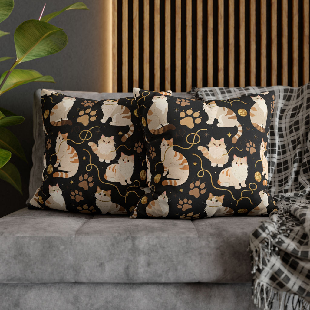 Square Pillowcase - Elegant felines and sparkling gold yarn on black, adorable cats with golden paw prints, sophisticated pet motif, charming animal pattern, cozy and warm artistic illustration