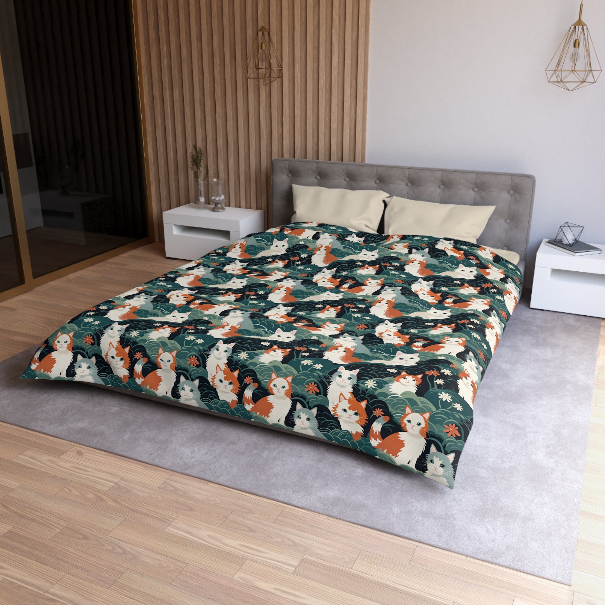Duvet Cover - A whimsical, fluffy, watercolor depiction of various cats of different colors peeking out from a dense dark blue and green bush with white flowers.