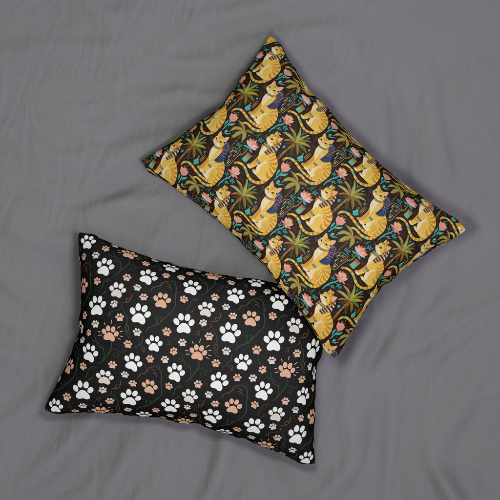 Indoor Lumbar Pillow - Golden Egyptian Cats with Pharaonic Headpieces Amidst Lush Palms and Lotus Flowers in an Exotic and Vibrant Scene