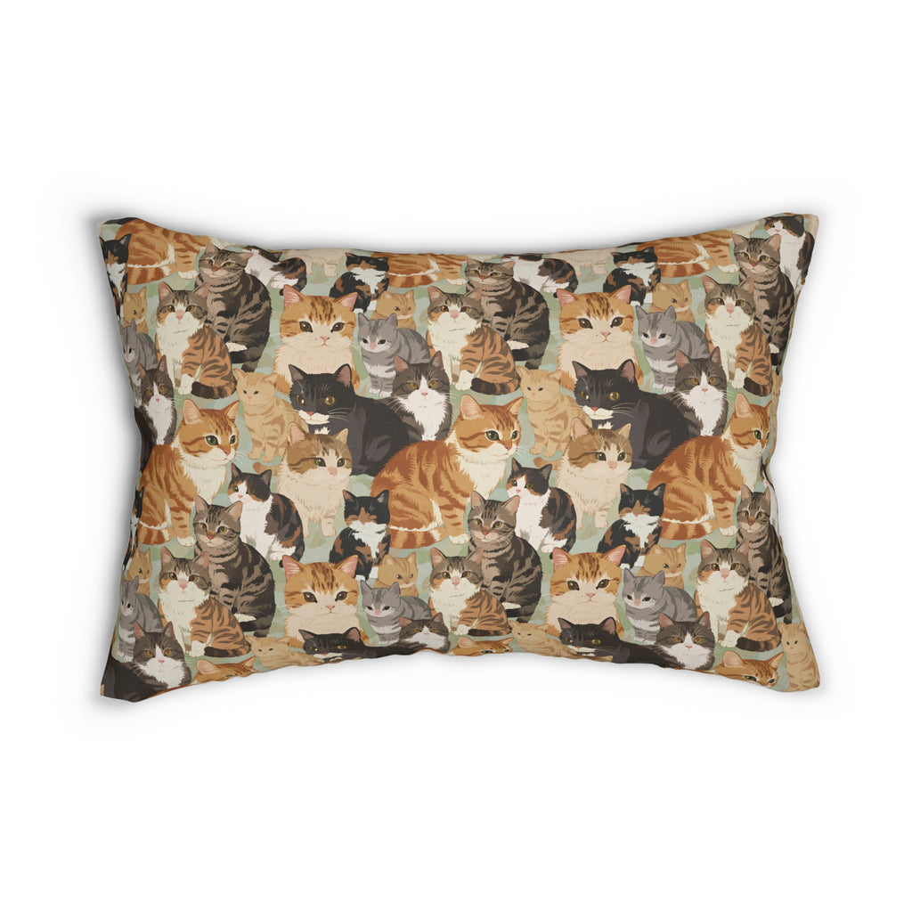 Indoor Lumbar Pillow - A Densely Packed Gathering of Adorable Felines Featuring a Wide Range of Breeds and Playful Expressions in Close Proximity