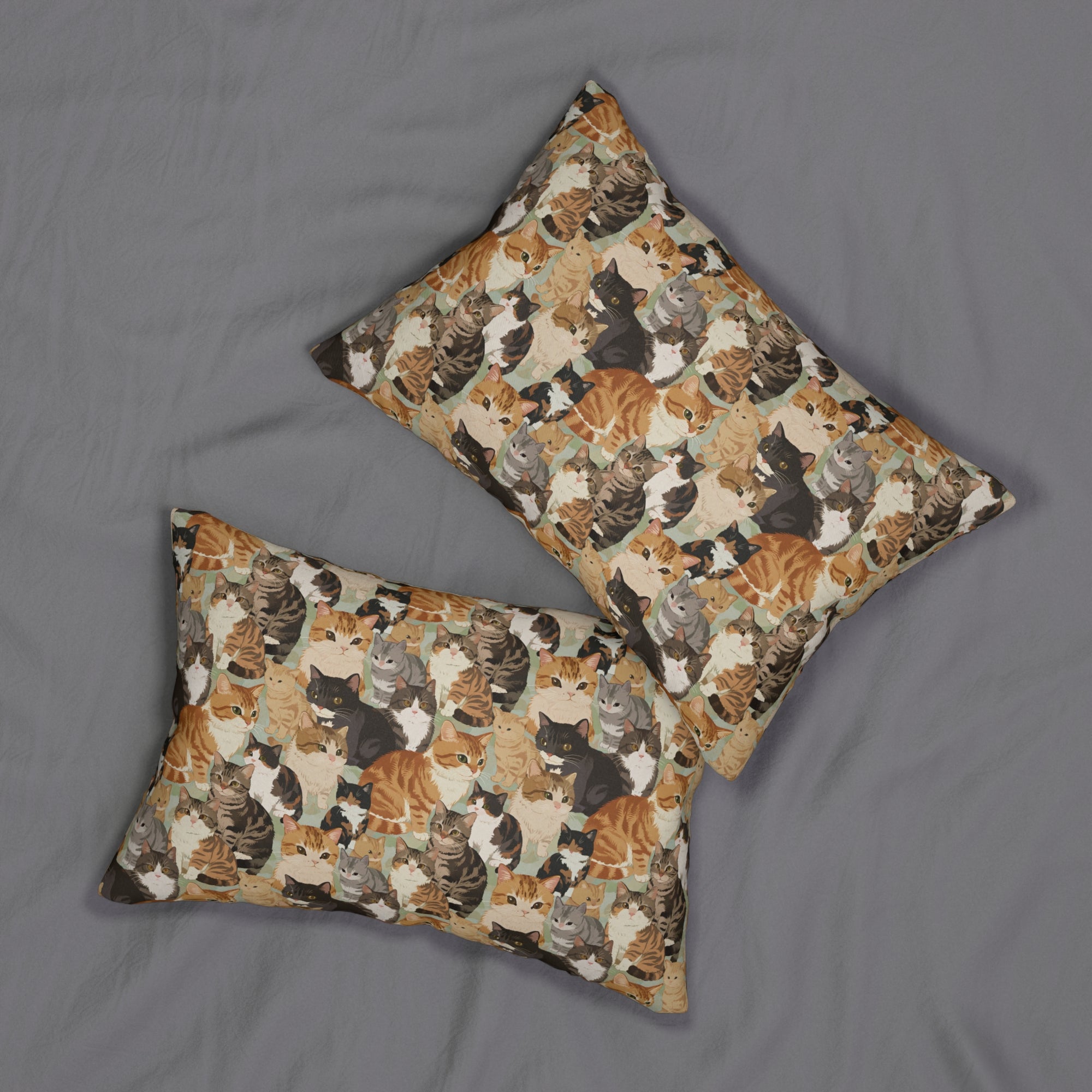 Indoor Lumbar Pillow - A Densely Packed Gathering of Adorable Felines Featuring a Wide Range of Breeds and Playful Expressions in Close Proximity