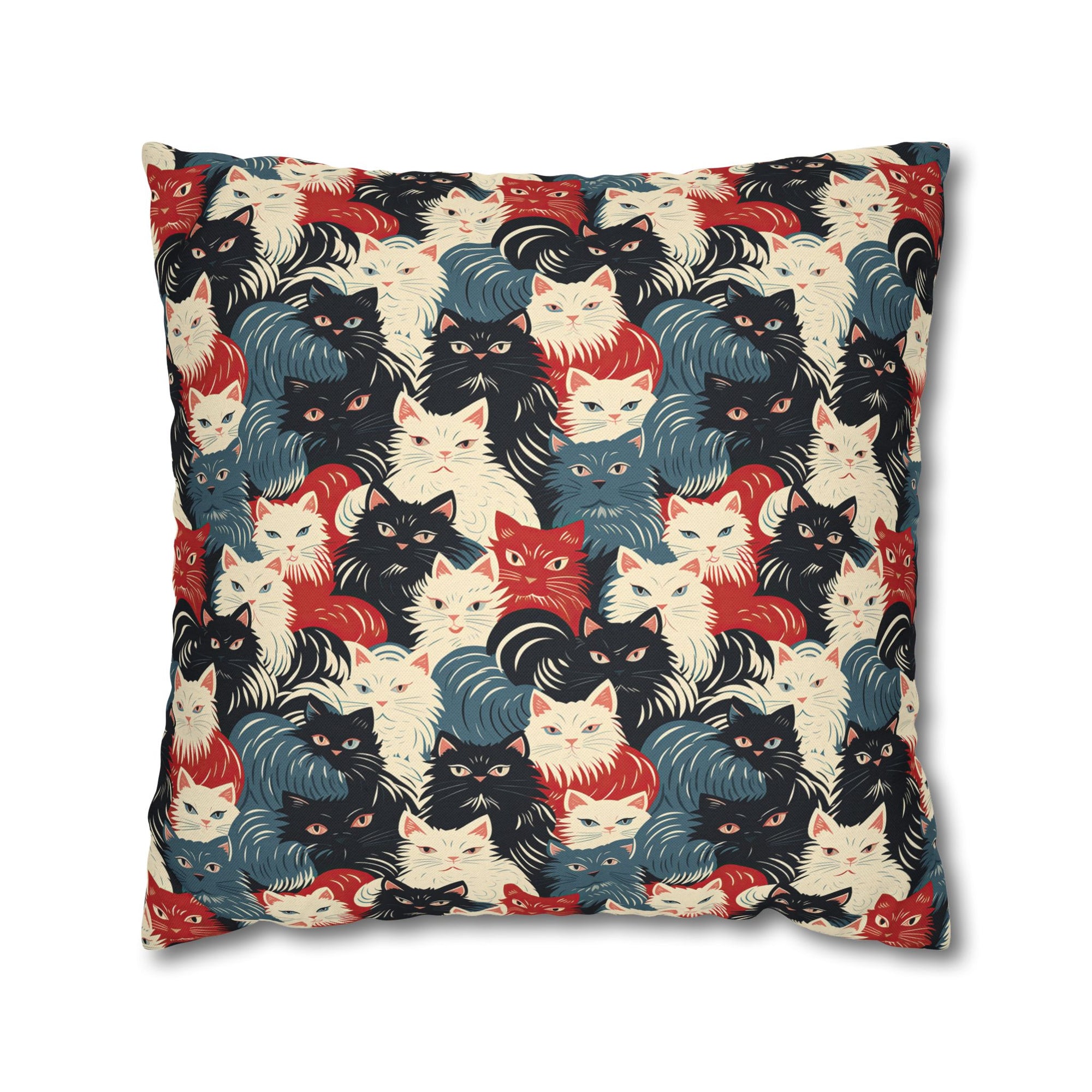 Square Pillowcase - A bold and graphic pop art style illustration featuring a tight-knit cluster of various fluffy felines in black, white, red, and blue.