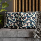 Square Pillowcase - A lovely, playful, Japanese-inspired illustration of sweet white cats sitting on rolling blue waves with red and white flowers and gentle clouds.