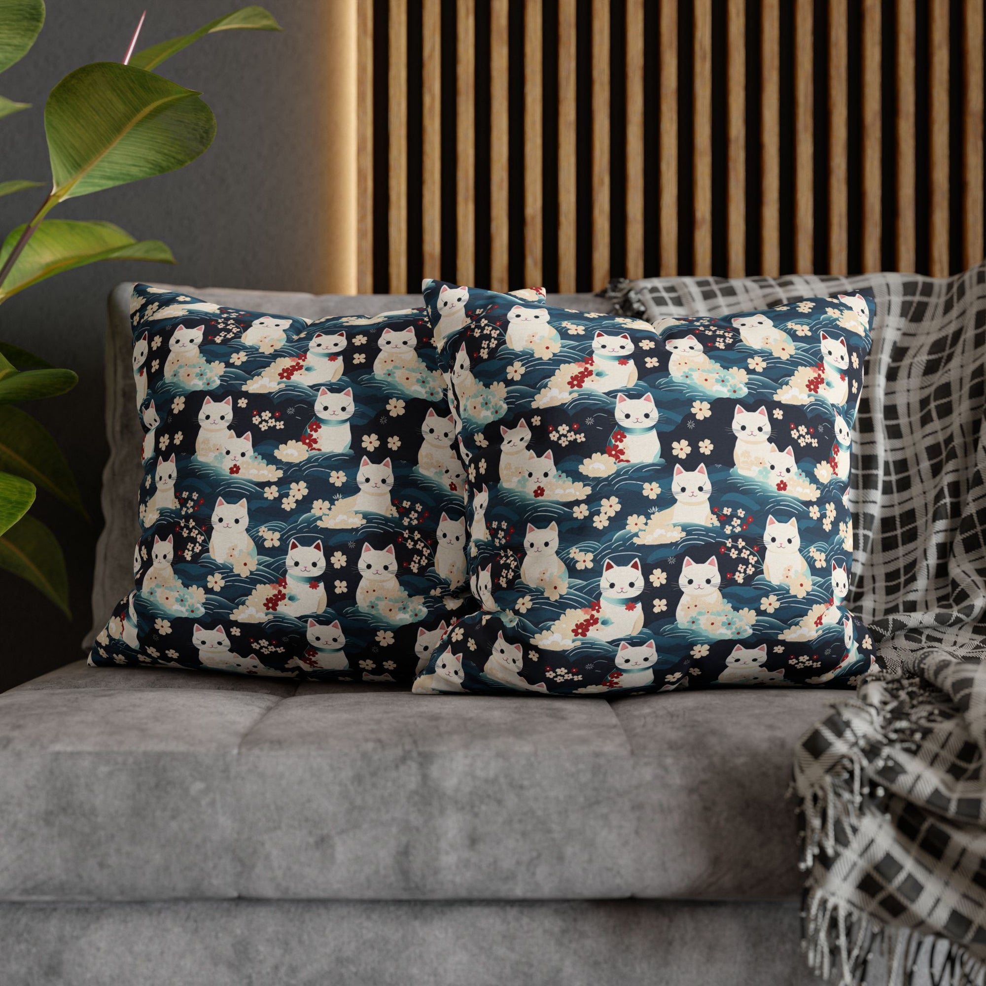 Square Pillowcase - A lovely, playful, Japanese-inspired illustration of sweet white cats sitting on rolling blue waves with red and white flowers and gentle clouds.