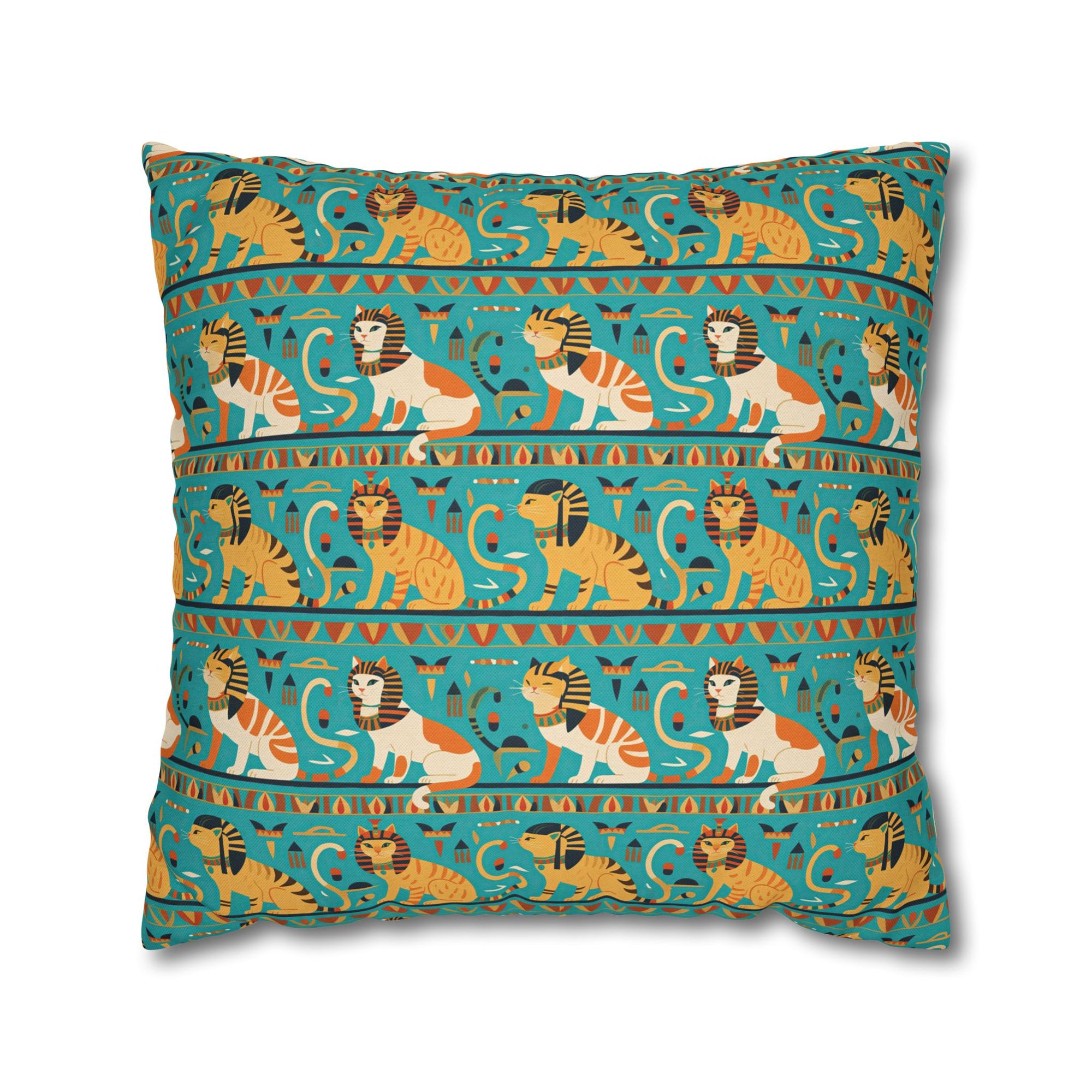 Square Pillowcase - Horizontal Stripes of Golden Egyptian Cats and Intricate Hieroglyphs Form a Repeating and Historically Themed Border Pattern