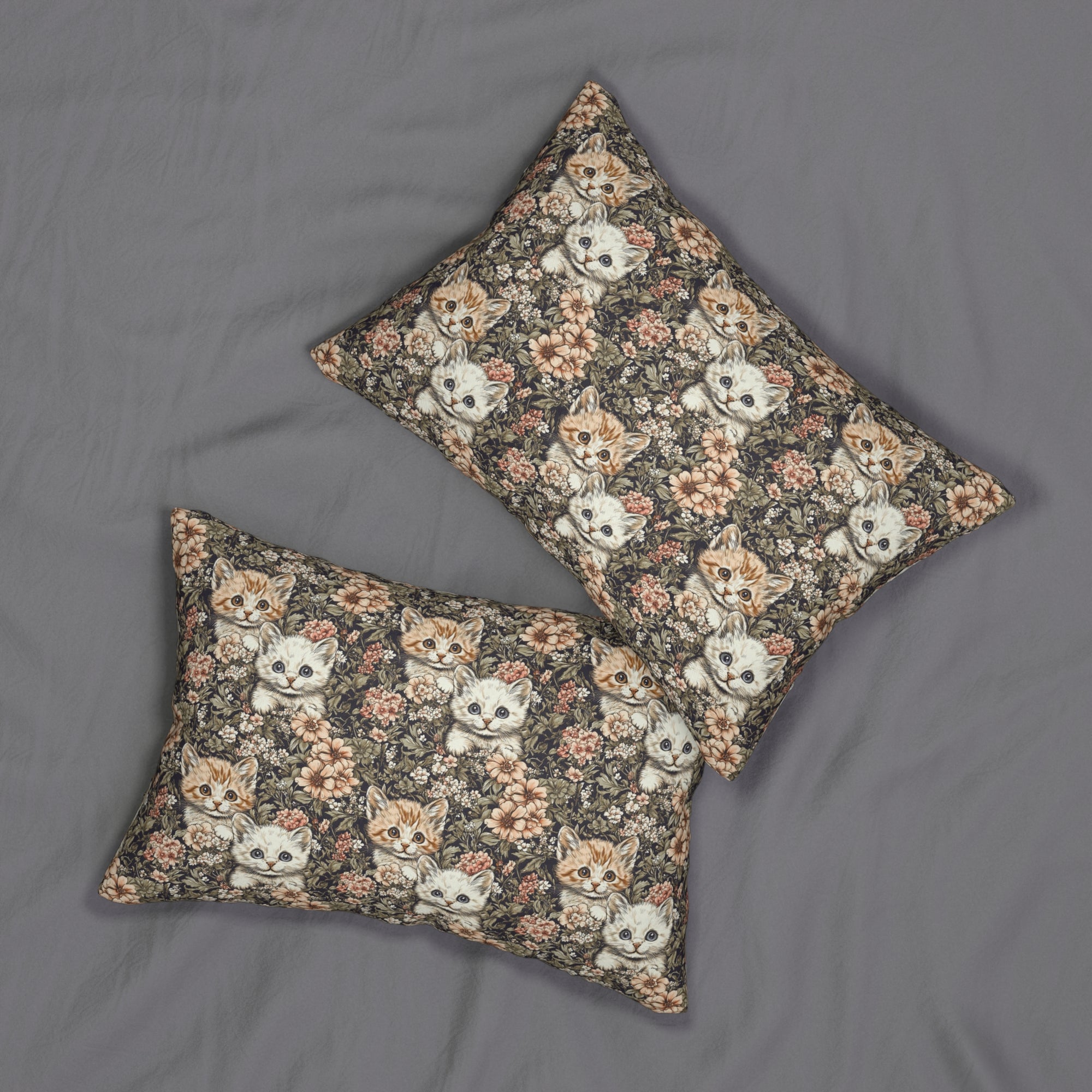 Indoor Lumbar Pillow - Peach and White Kittens in Dark Floral Garden, Vintage Style, Sweet and Charming Scene