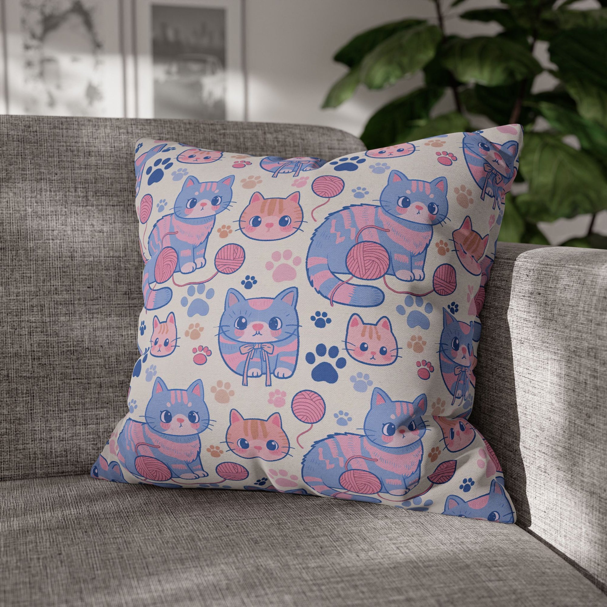 Square Pillowcase - Sweet pastel blue and pink cartoon cats, cute kawaii style kittens with yarn and paw prints, charming and playful animal design, light cream background, delightful pet pattern