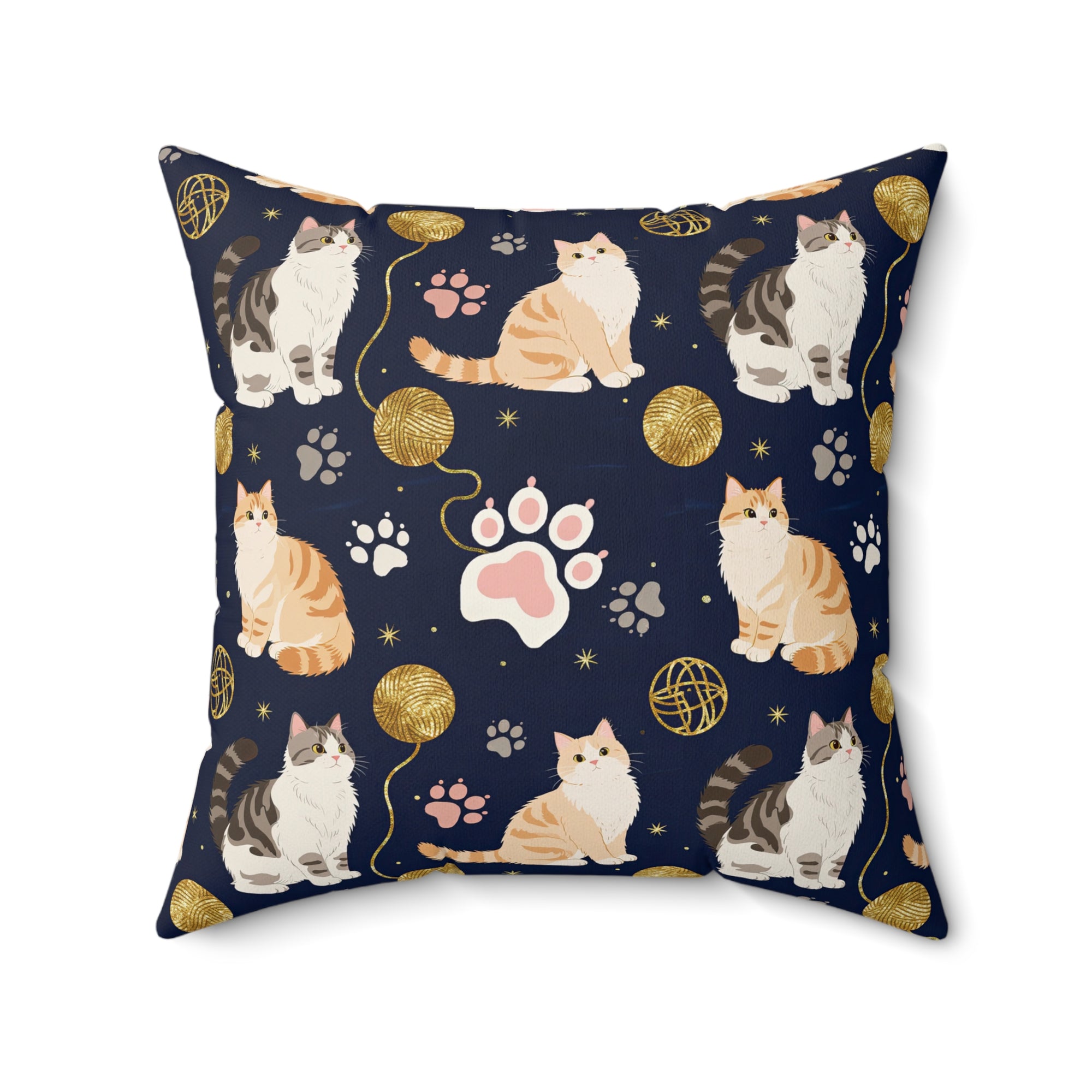 Indoor Square Pillow - Charming cats and golden yarn playful design, cute kittens with paw prints, whimsical animal art for cat lovers, dark blue background, delightful pet themed illustration