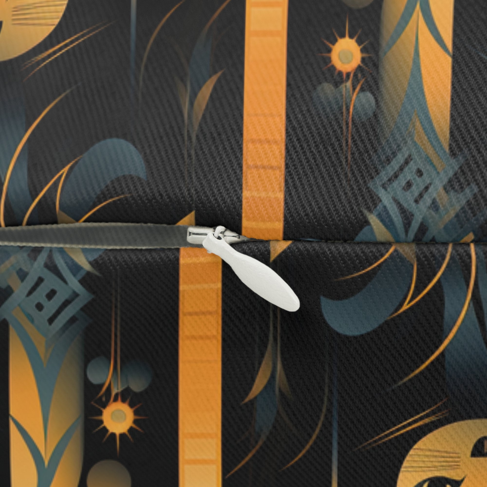 Indoor Lumbar Pillow - A sleek and stylish Art Deco-inspired pattern depicting a serene nocturnal landscape with streamlined cat silhouettes and radiating golden light among abstract plants.