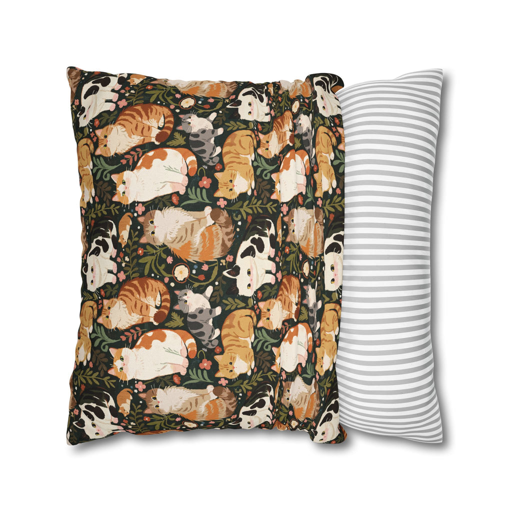 Square Pillowcase - Whimsical cat and kitten garden party, various cat breeds amidst green foliage and pink flowers, charming animal illustration, dark forest green background, playful and natural art