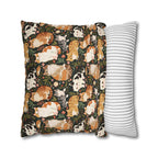 Square Pillowcase - Whimsical cat and kitten garden party, various cat breeds amidst green foliage and pink flowers, charming animal illustration, dark forest green background, playful and natural art
