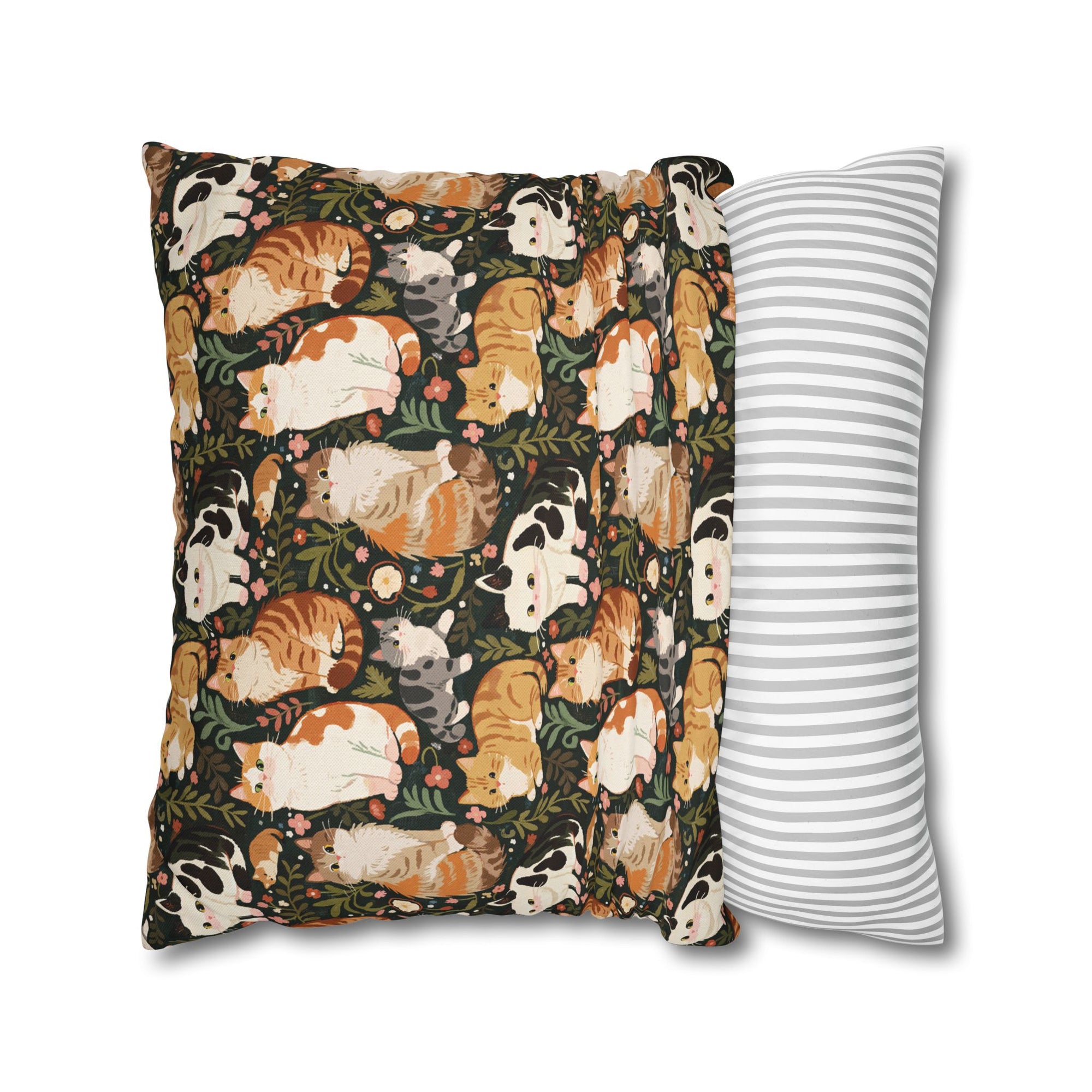 Square Pillowcase - Whimsical cat and kitten garden party, various cat breeds amidst green foliage and pink flowers, charming animal illustration, dark forest green background, playful and natural art