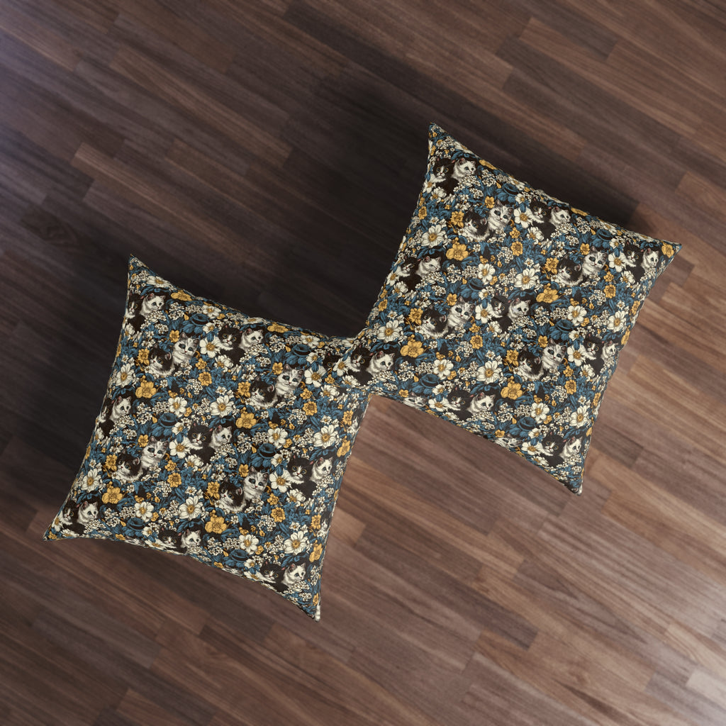 Indoor Square Floor Pillow - Black and White Kittens with Yellow and White Flowers, Dark Blue Leaves, Vintage Charm