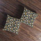 Indoor Square Floor Pillow - Black and White Kittens with Yellow and White Flowers, Dark Blue Leaves, Vintage Charm