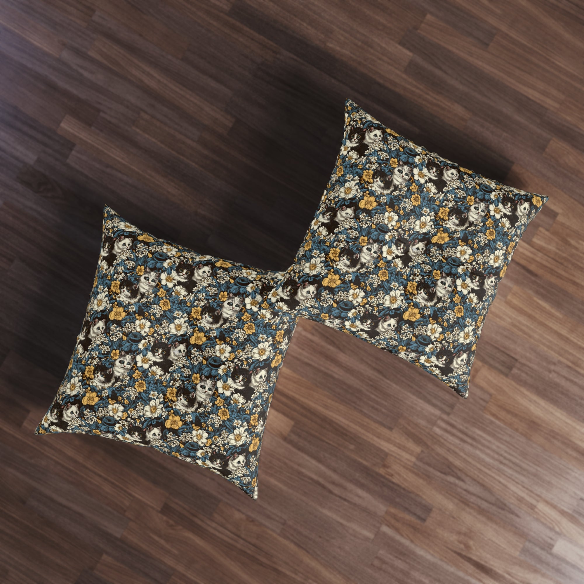 Indoor Square Floor Pillow - Black and White Kittens with Yellow and White Flowers, Dark Blue Leaves, Vintage Charm