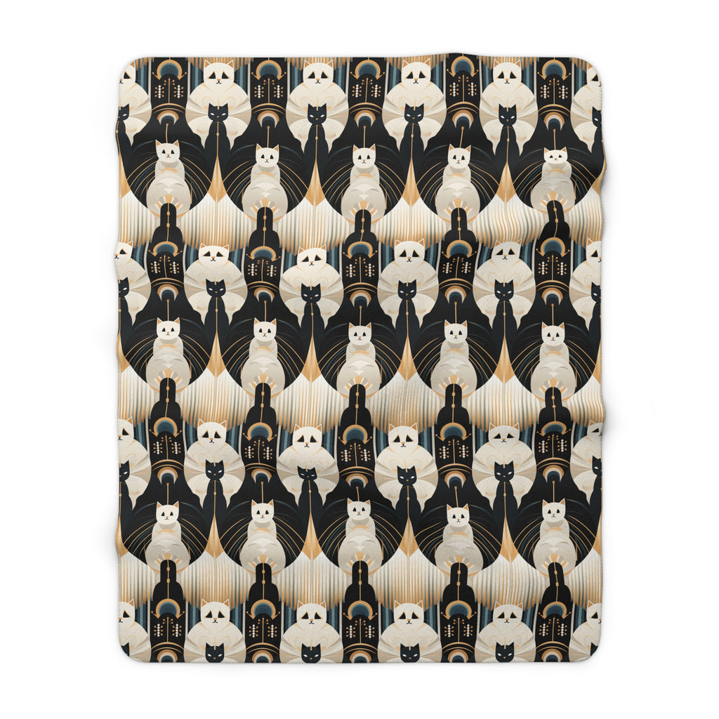 Sherpa Blanket - An elegant and artistic Art Deco-style pattern featuring streamlined white cats with a striking geometric backdrop of golden and black lines and shapes.