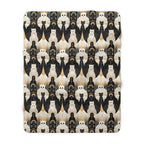 Sherpa Blanket - An elegant and artistic Art Deco-style pattern featuring streamlined white cats with a striking geometric backdrop of golden and black lines and shapes.