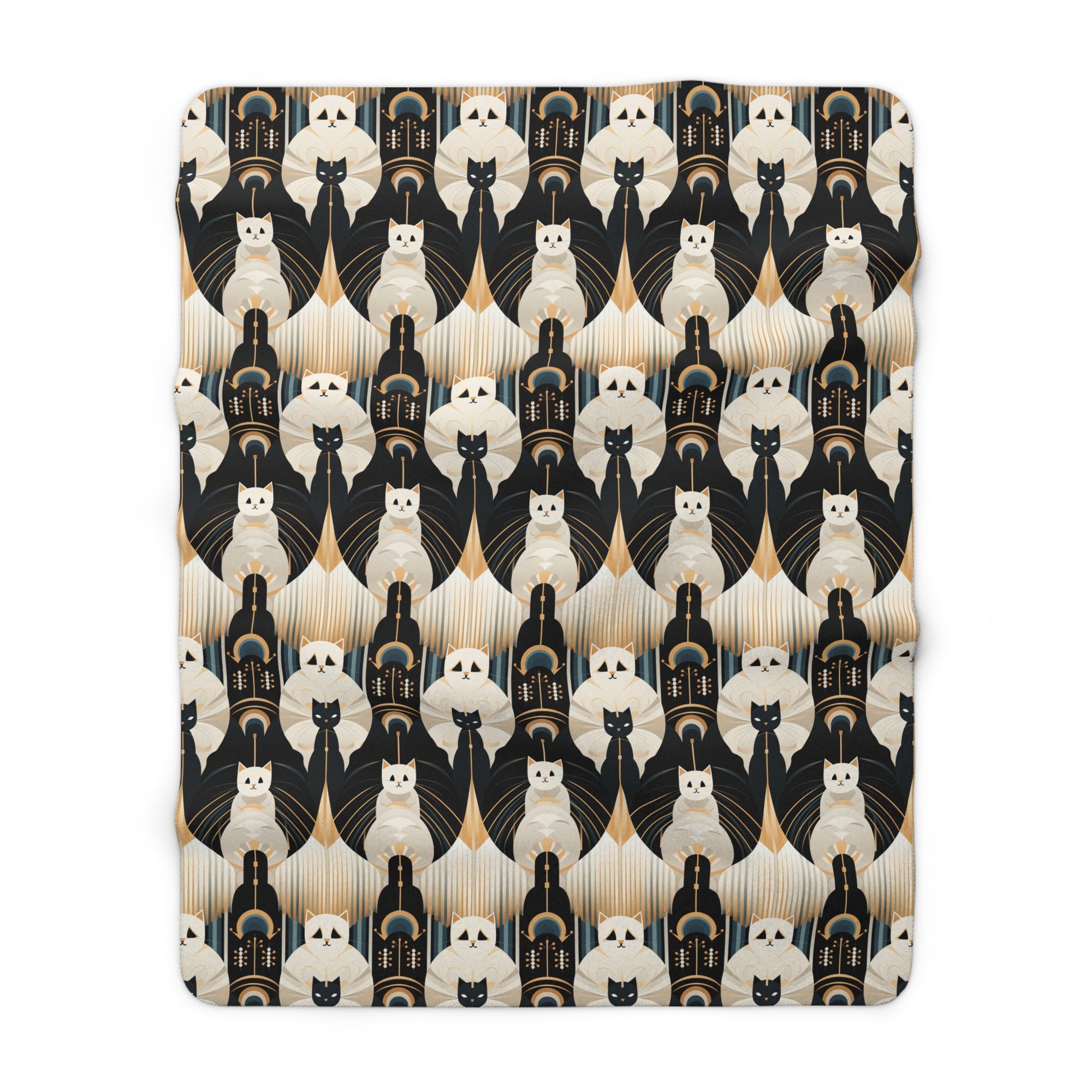 Sherpa Blanket - An elegant and artistic Art Deco-style pattern featuring streamlined white cats with a striking geometric backdrop of golden and black lines and shapes.