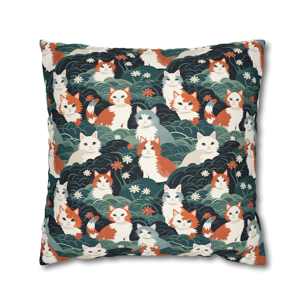 Square Pillowcase - A whimsical, fluffy, watercolor depiction of various cats of different colors peeking out from a dense dark blue and green bush with white flowers.