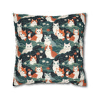 Square Pillowcase - A whimsical, fluffy, watercolor depiction of various cats of different colors peeking out from a dense dark blue and green bush with white flowers.
