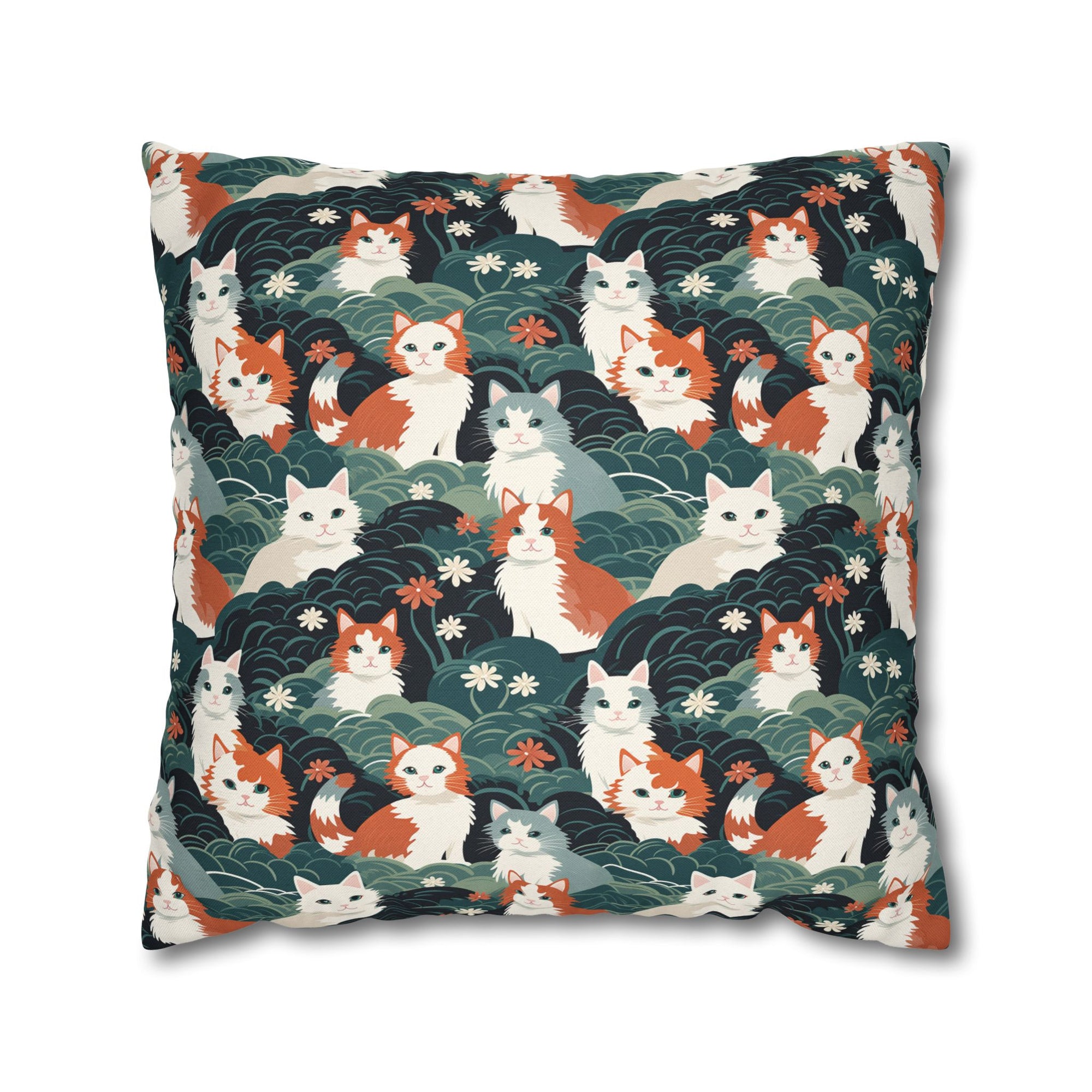 Square Pillowcase - A whimsical, fluffy, watercolor depiction of various cats of different colors peeking out from a dense dark blue and green bush with white flowers.