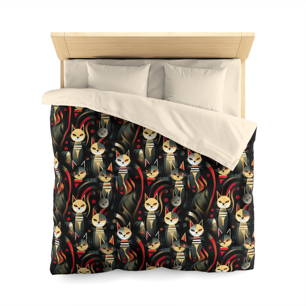 Duvet Cover - A bold and striking Art Deco pattern showcasing stylized feline portraits with sharp, gold lines and geometric shapes set against a dark, dramatic background.