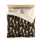 Duvet Cover - A bold and striking Art Deco pattern showcasing stylized feline portraits with sharp, gold lines and geometric shapes set against a dark, dramatic background.