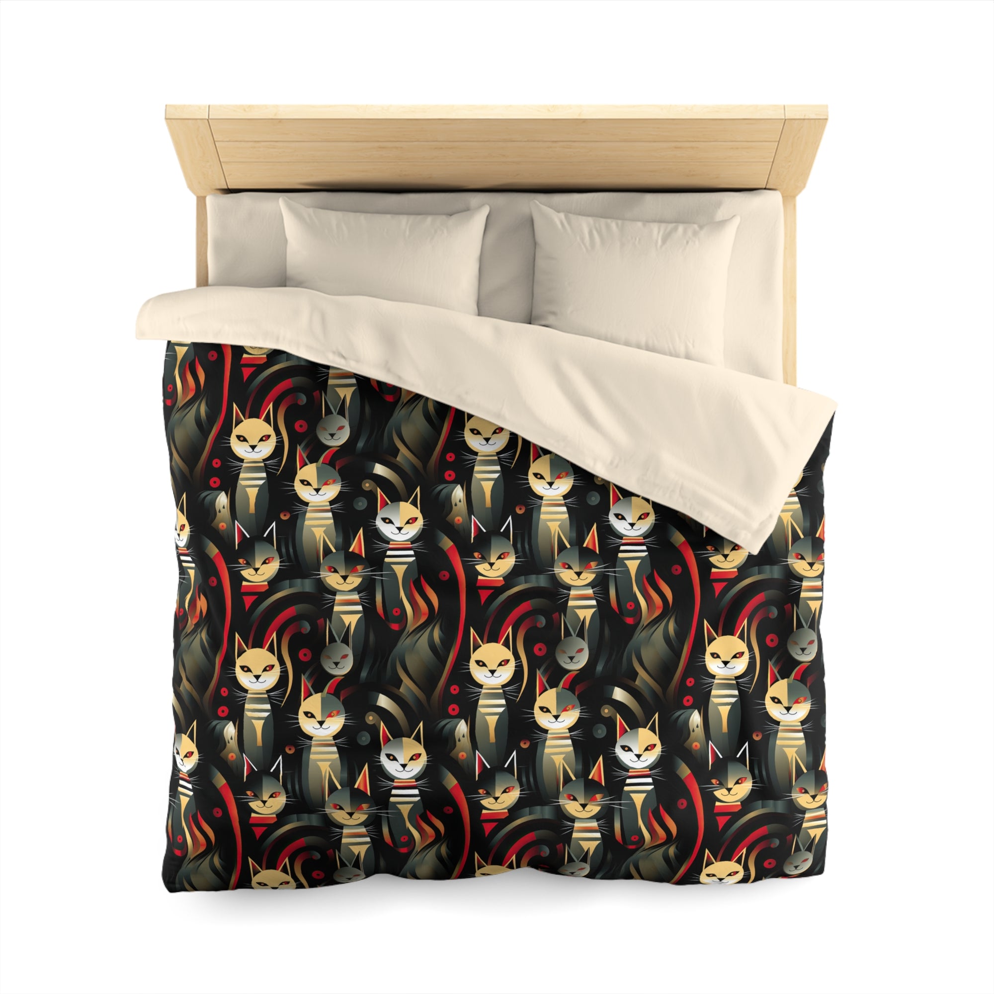 Duvet Cover - A bold and striking Art Deco pattern showcasing stylized feline portraits with sharp, gold lines and geometric shapes set against a dark, dramatic background.