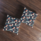 Indoor Square Floor Pillow - A serene and sweet Japanese landscape pattern featuring multicolored cats relaxing within a tranquil field of red and white flowers and gentle blue hills.