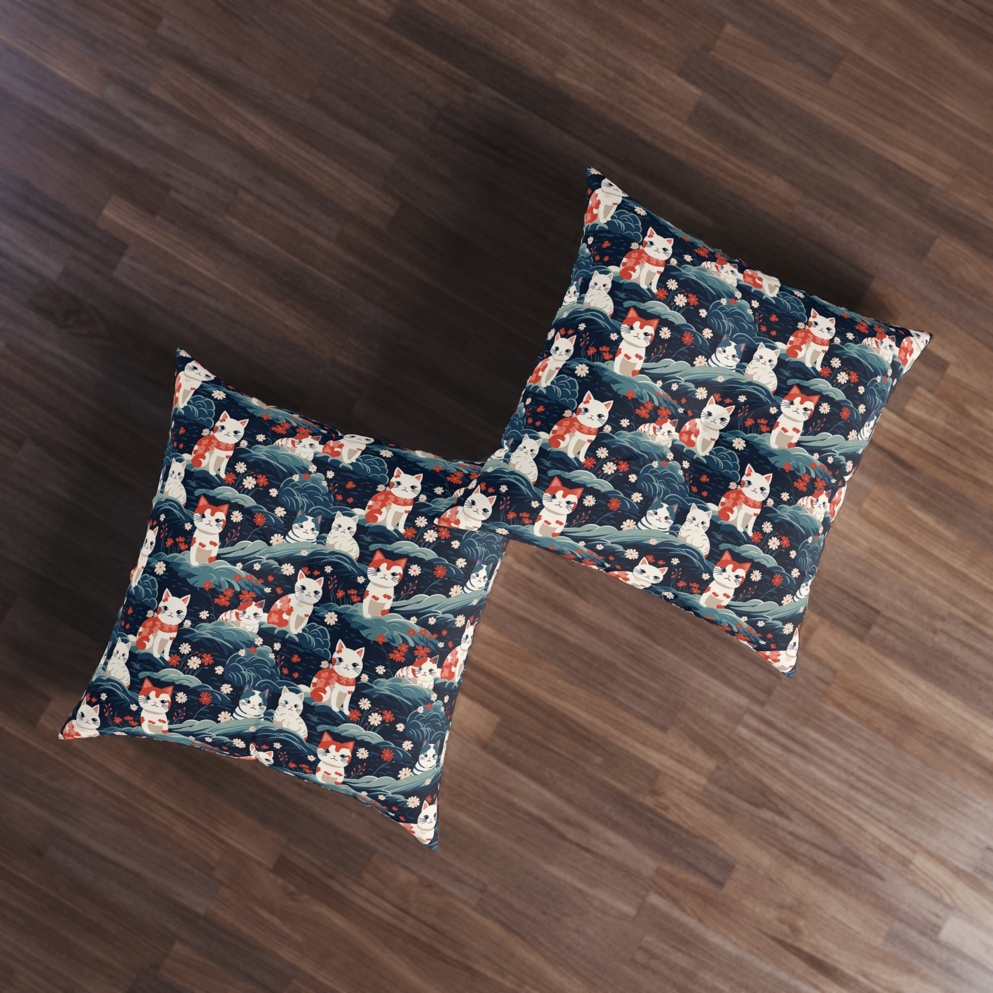 Indoor Square Floor Pillow - A serene and sweet Japanese landscape pattern featuring multicolored cats relaxing within a tranquil field of red and white flowers and gentle blue hills.