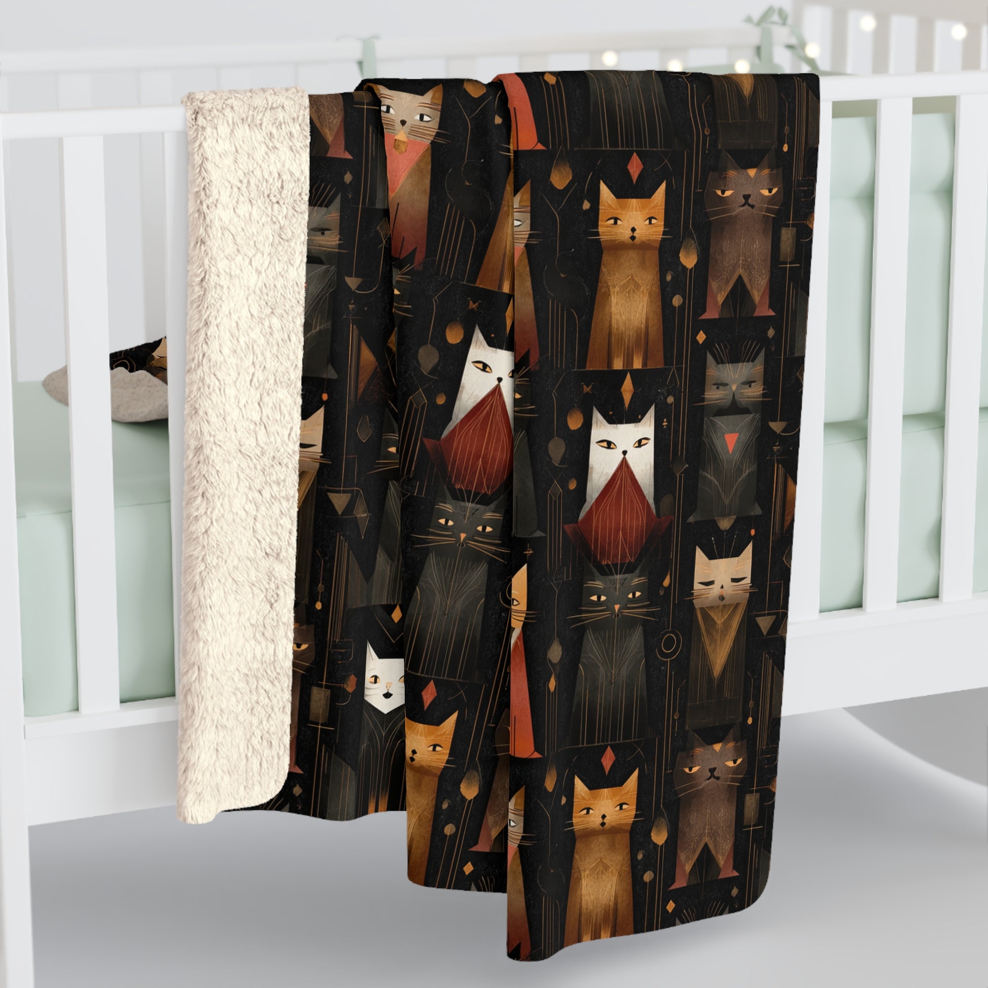 Sherpa Blanket - A striking and sophisticated Art Deco-style pattern of felines with bold, intricate lines and dramatic geometric shapes, all rendered in a unique gold and gray color palette.