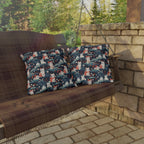 Outdoor Pillow - A serene and sweet Japanese landscape pattern featuring multicolored cats relaxing within a tranquil field of red and white flowers and gentle blue hills.