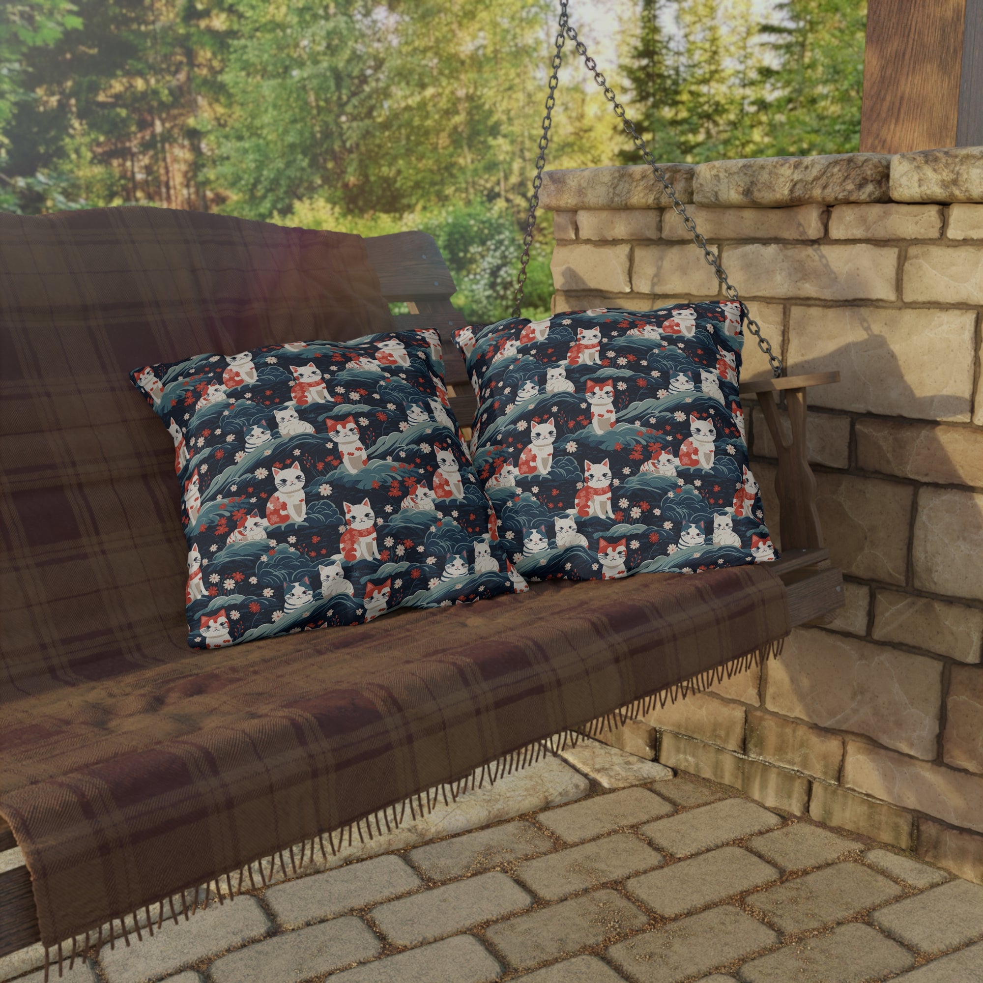 Outdoor Pillow - A serene and sweet Japanese landscape pattern featuring multicolored cats relaxing within a tranquil field of red and white flowers and gentle blue hills.