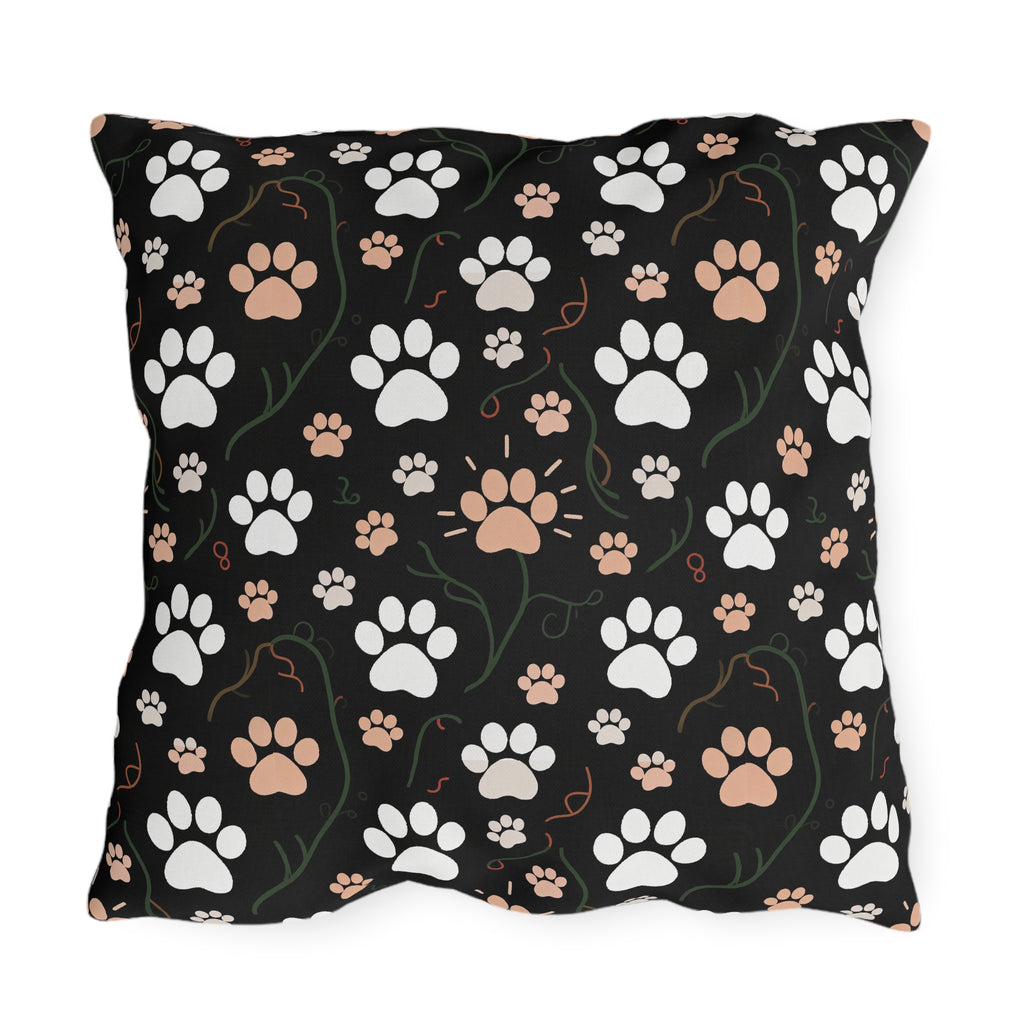 Outdoor Pillow - A detailed and ornate Victorian-style pattern featuring a tight grouping of fluffy cats of various colors surrounded by black and red flowers and leaves.