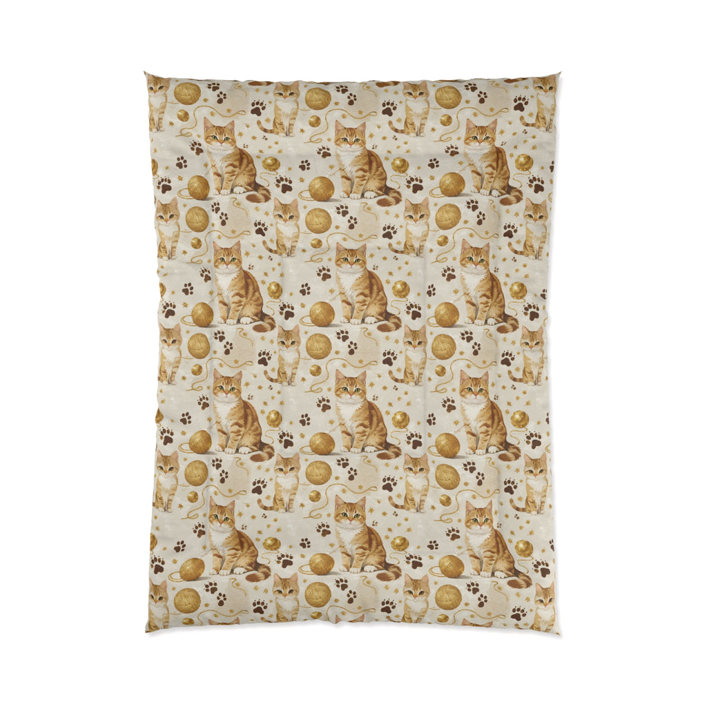 Comforter - Adorable ginger cat with bright green eyes, sparkling gold yarn and paw prints, classic tabby cat illustration, cream background, cute and charming pet themed art