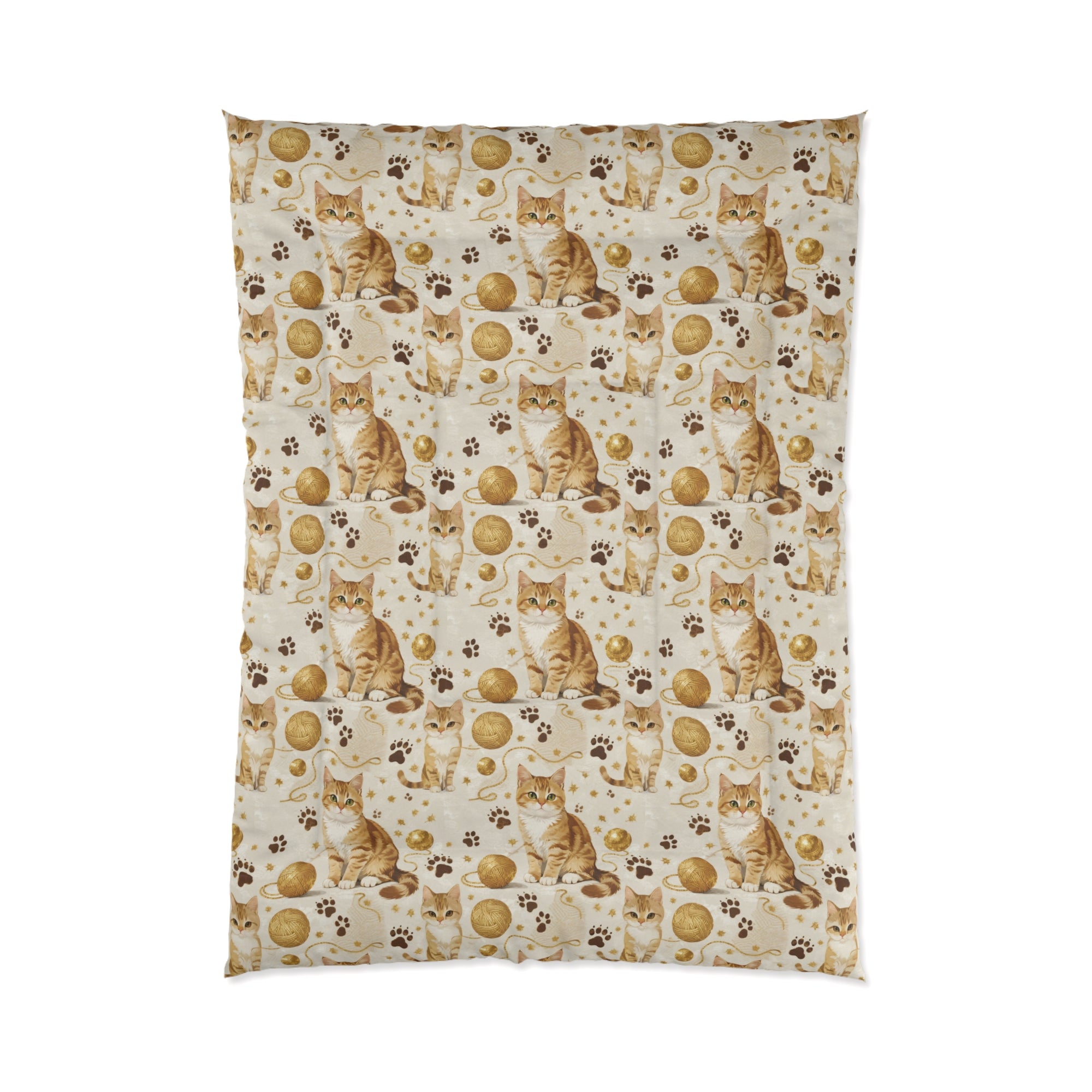 Comforter - Adorable ginger cat with bright green eyes, sparkling gold yarn and paw prints, classic tabby cat illustration, cream background, cute and charming pet themed art