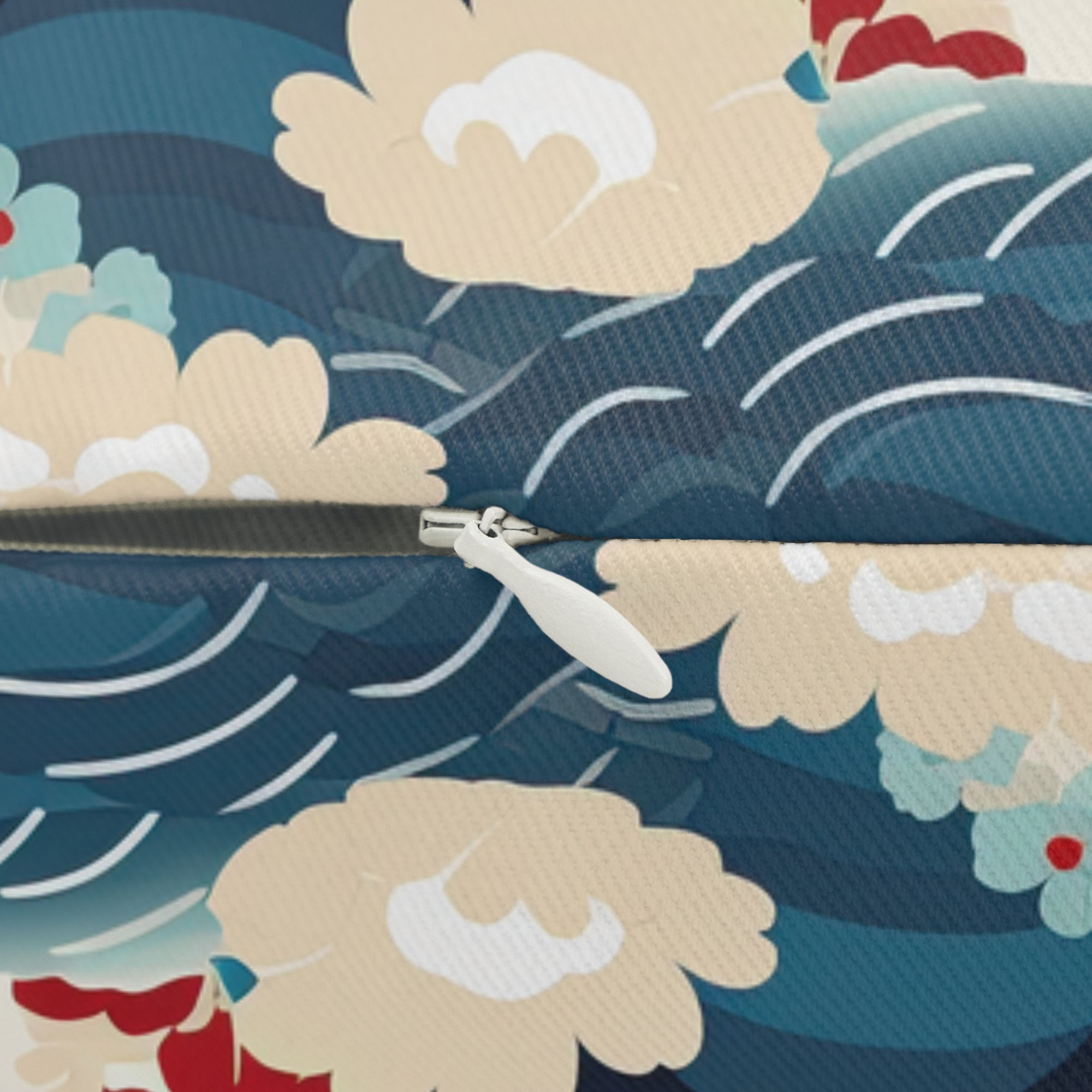 Indoor Lumbar Pillow - A lovely, playful, Japanese-inspired illustration of sweet white cats sitting on rolling blue waves with red and white flowers and gentle clouds.