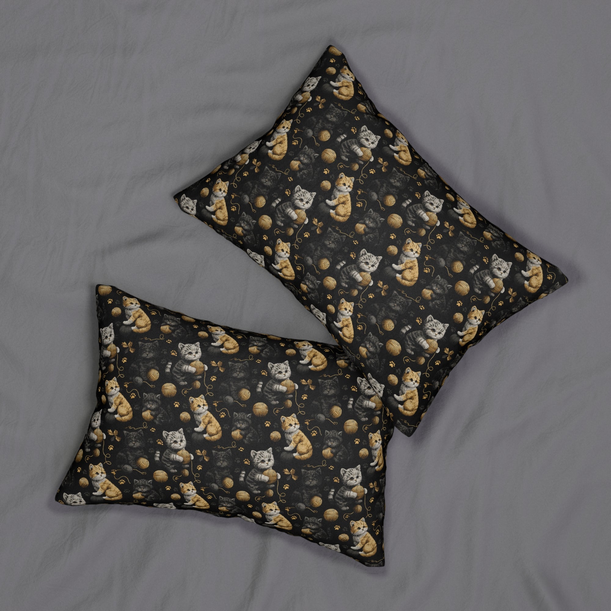 Indoor Lumbar Pillow - Assorted Cute Kittens with Colorful Yarn Balls and Paw Prints on a Black Backdrop