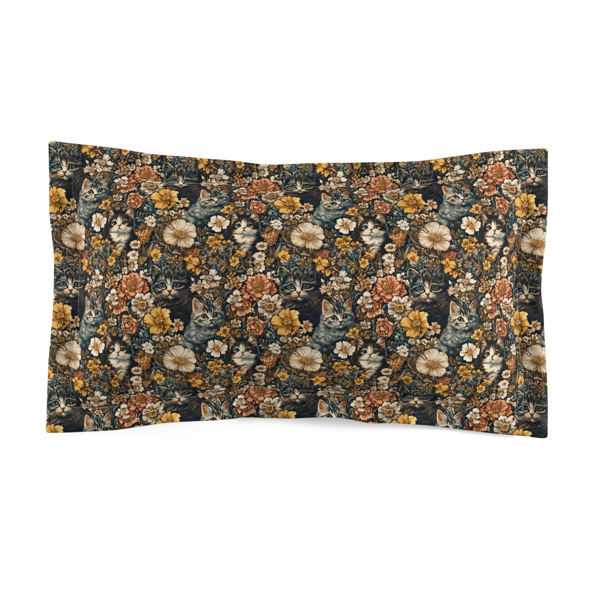 Pillow Sham - Grey Tabby Kittens Among Yellow and Peach Flowers, Moody Vintage Botanical Illustration