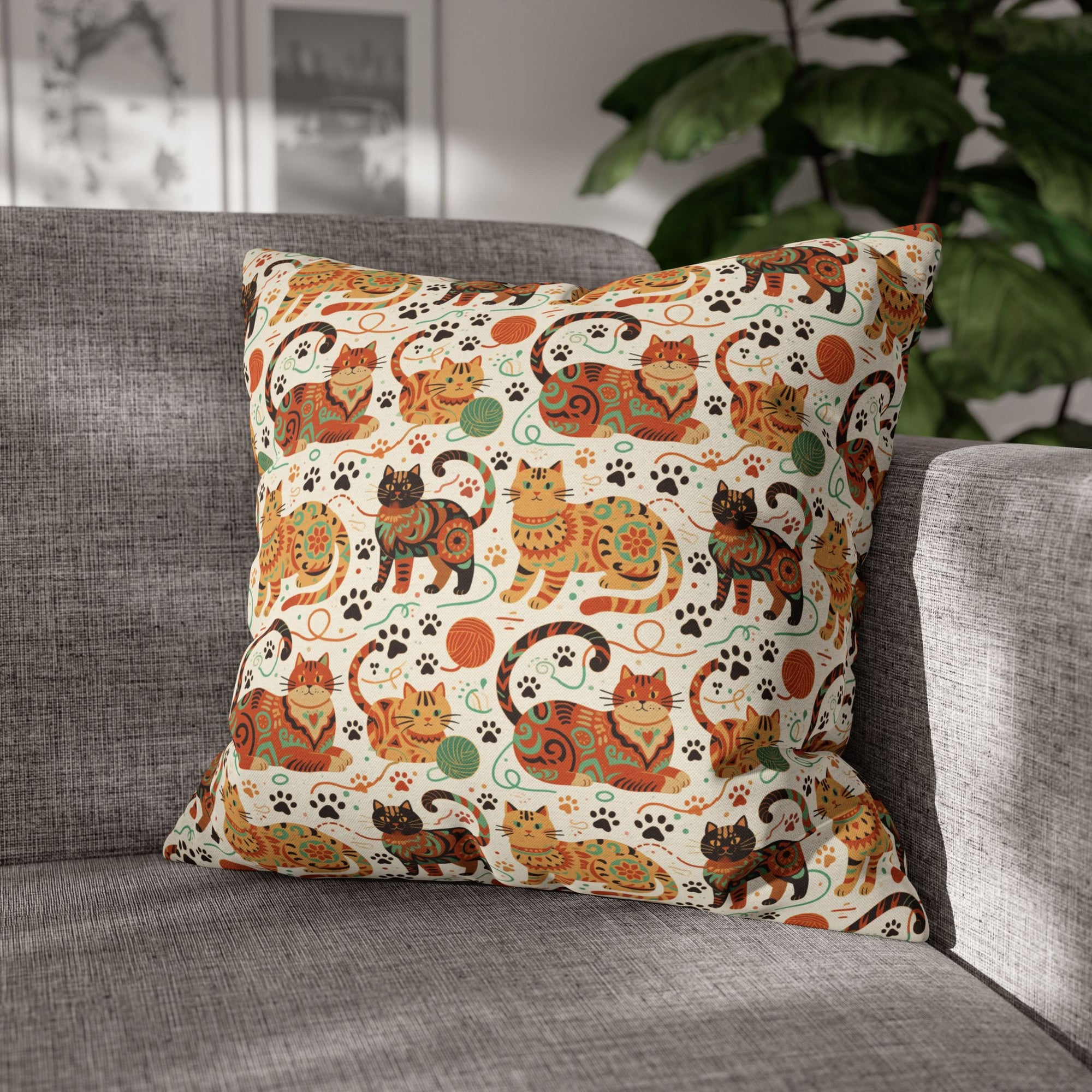 Square Pillowcase - Colorful folk art patterned cats, vibrant orange and teal hues, playful felines with yarn and paw prints, bohemian animal illustration, cream background, artistic and cheerful design