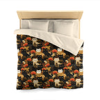 Duvet Cover - A dark and fantastical illustrative painting of many different cats and plants, creating a dense, mysterious, and golden jungle or forest scene.