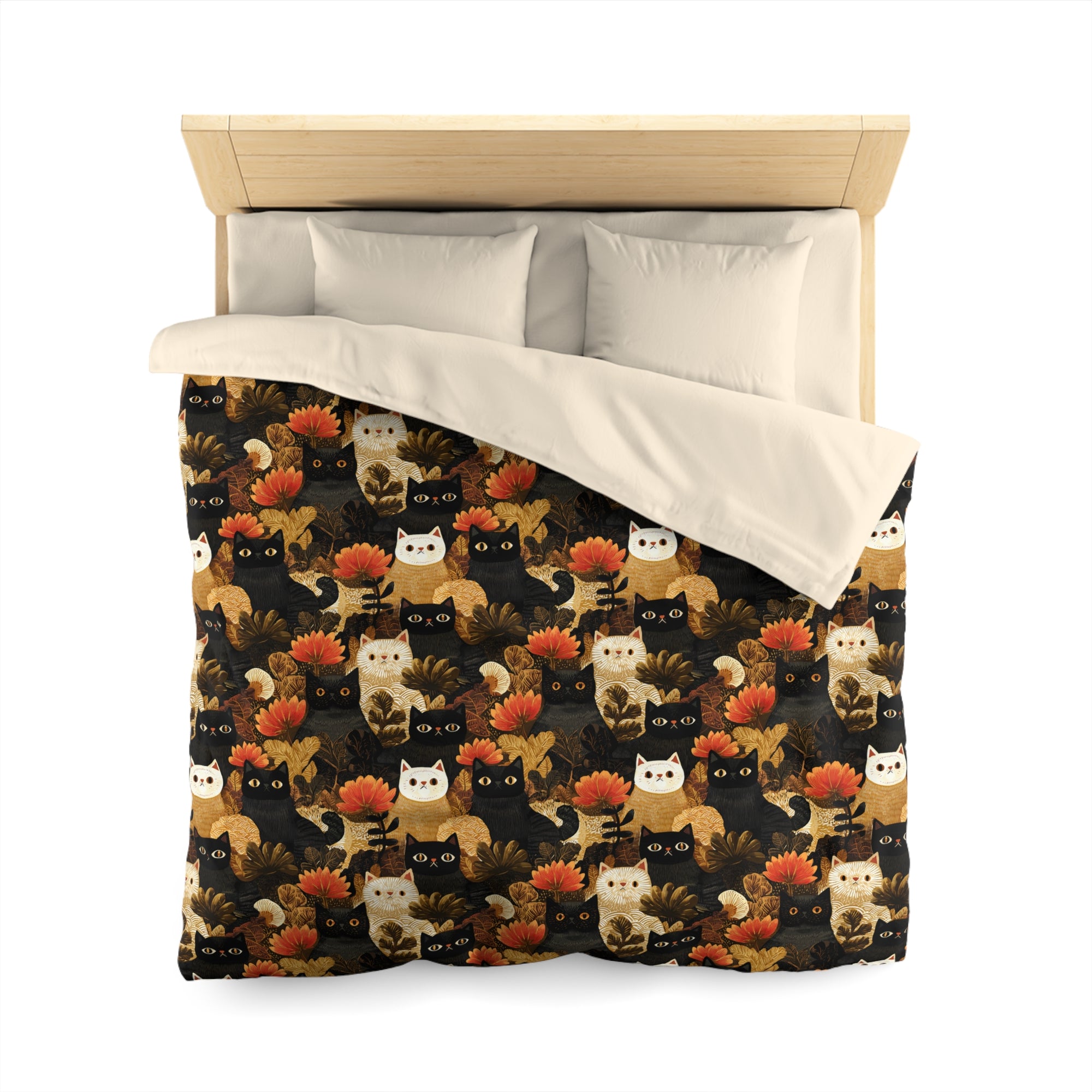 Duvet Cover - A dark and fantastical illustrative painting of many different cats and plants, creating a dense, mysterious, and golden jungle or forest scene.