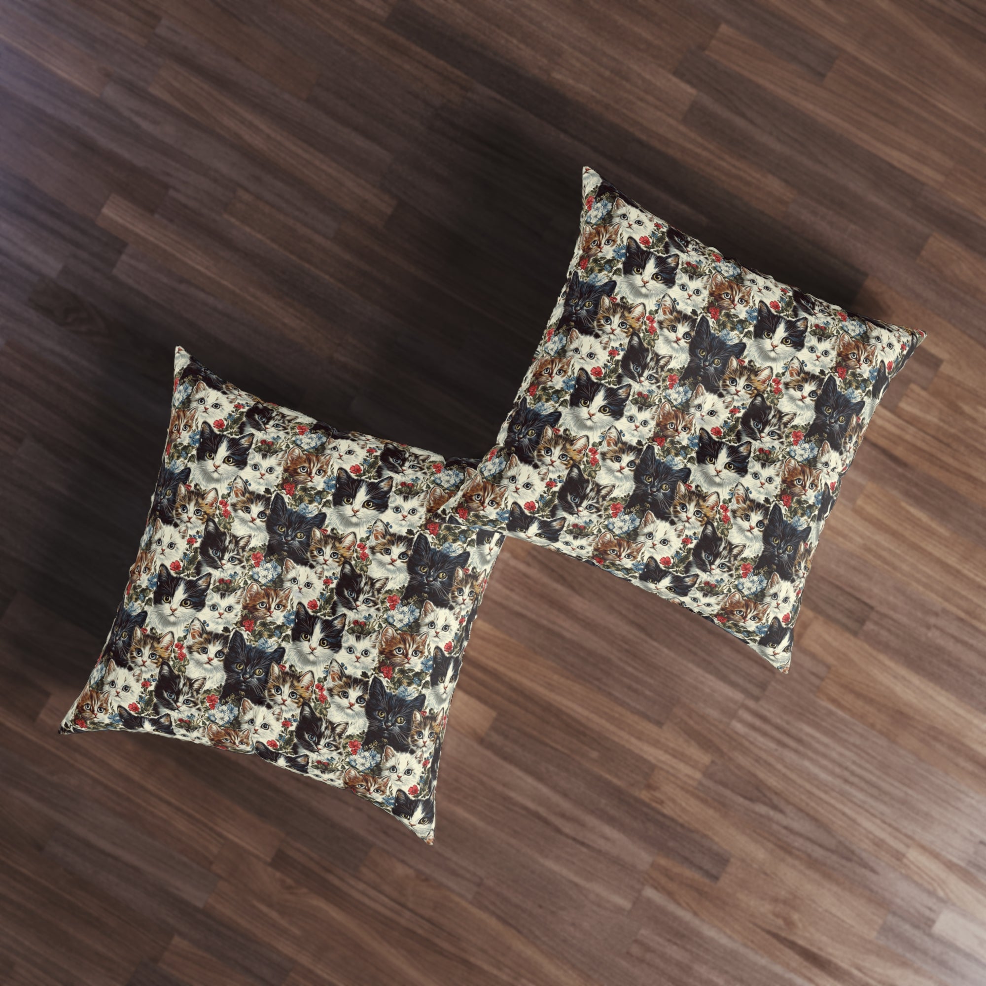 Indoor Square Floor Pillow - Colorful Kitten Faces with Red and Blue Flowers, Whimsical and Bright, Pattern Design