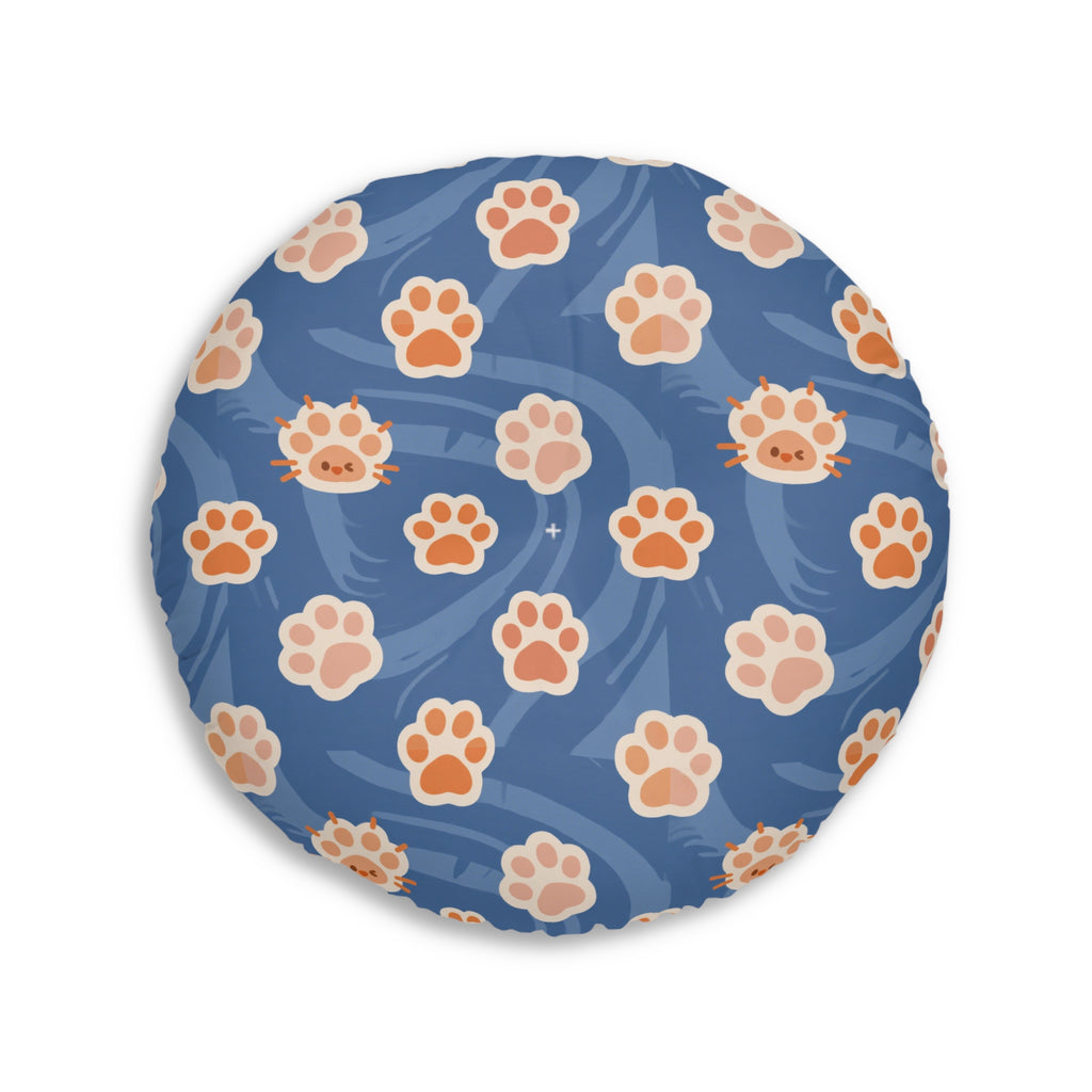 Indoor Round Floor Pillow - Adorable ginger cat with bright green eyes, sparkling gold yarn and paw prints, classic tabby cat illustration, cream background, cute and charming pet themed art