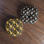 Indoor Round Floor Pillow - Golden Egyptian Cats with Pharaonic Headpieces Amidst Lush Palms and Lotus Flowers in an Exotic and Vibrant Scene