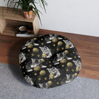 Indoor Round Floor Pillow - Grey and White Kittens Playing with Golden Yarn on a Black Background with Paw Prints
